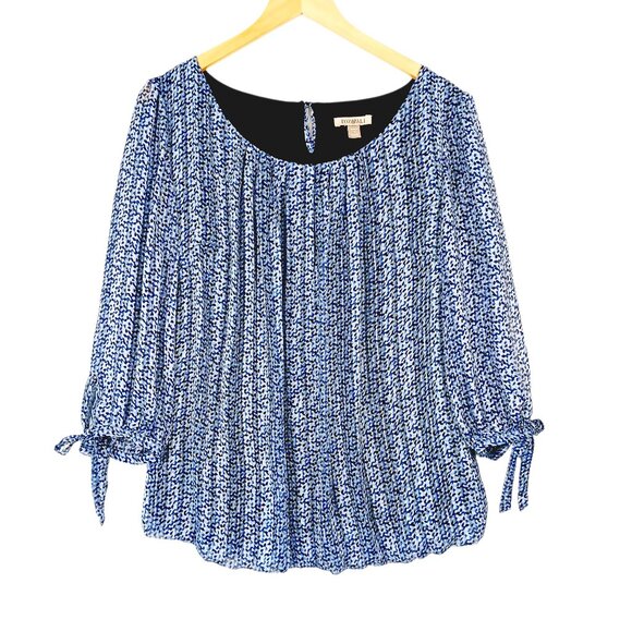 Roz & Ali Tops - Roz & Ali 1X Top, 3/4 Sleeve, Blue, White & Black Abstract Print, Stretch Waist